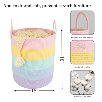 XUANGUO Rope Laundry Basket Hamper for Kids Girl, rainbow | Woven Storage Basket for Living Room Bedroom Boho Tall Baskets for Blanket Toys Pillow Towels Baby Nursery Hamper Bin