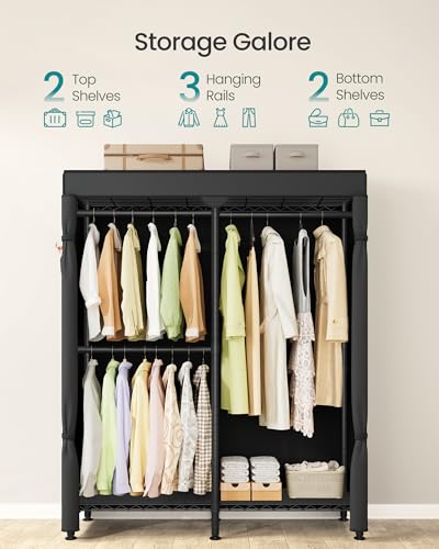 SONGMICS Clothing Rack, Heavy-Duty Garment Rack with Adjustable Storage Shelves and Hanging Rails, Fabric Cover, Freestanding Portable Wardrobe Closet, Ink Black ULGR424BH01