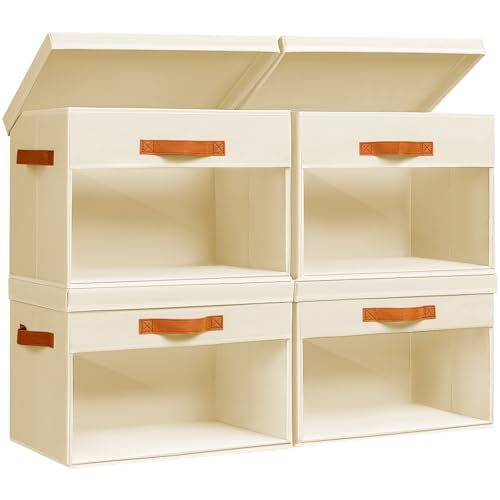 Large Storage Bins with Lids - 4 Pack Foldable Decorative Organizers with Clear Windows & Handles, Cube Storage Organizers for Clothes, Blankets, Sweaters, Sheets, Beige