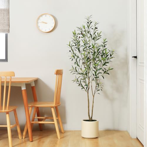Artificial Olive Trees, 5 ft Tall Fake Olive Trees for Indoor | Faux Olive Silk Tree with White Planter,Large Olive Plants for Home Decor and Housewarming Gift, 1 Pack