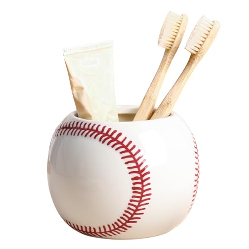 Gaolinci Baseball Shape Ceramic Toothbrush Holder, Bathroom Countertop Tumblers, Makeup Brush Storage