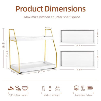 DWTS Coffee Bar Accessories,Coffee Station Organizer with Multi-Functional,CoffeeBar Decor for Accessories,2 Tier Wooden Shelf Gold Metal Station Organizer for Countertop,Syrup