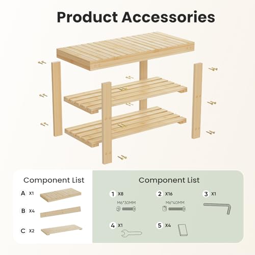 DUMOS Shoe Rack Bench with Storage, 3-Tier Bamboo Entryway Benches, Wooden Shoe Rack Holds Up to 286 lb Storage Organizer, Suitable for Bedroom Living Room Balcony, Classical Wood