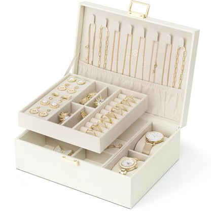 VLANDO Jewelry Organizer,2 Layer Jewelry Box Large Jewelry Organizer for Mothers Day Mom Gifts Women Removable Jewelery Tray with Watch Pillow for Necklace Earrings Rings Bracelets(Cream White)