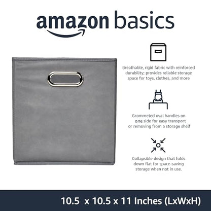Amazon Basics Collapsible Cube Storage Bins, Space-Saving, Organizing Fabric Bins with Handles, 10.5 x 10.5 x 11 inches, Light Grey, 6-Pack