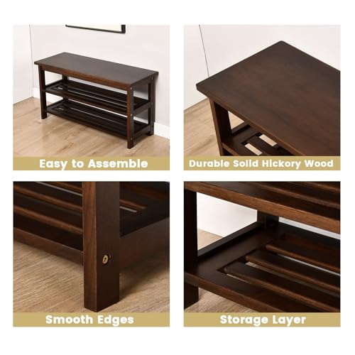 Wood Shoe Bench Rack, USA Grown Hickory, Entryway Bench with Shoe Storage, Mud Room Bathroom, Front Door, Outdoor/Indoor, Dark Walnut(Black)