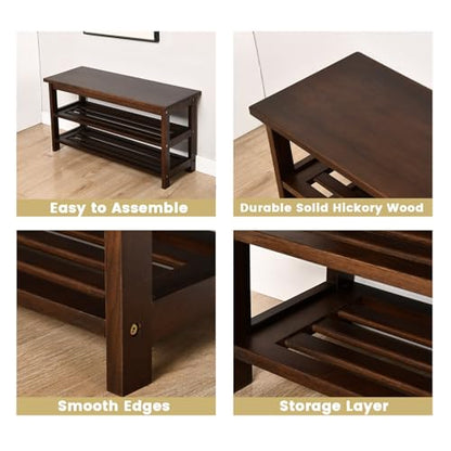 Wood Shoe Bench Rack, USA Grown Hickory, Entryway Bench with Shoe Storage, Mud Room Bathroom, Front Door, Outdoor/Indoor, Dark Walnut(Black)