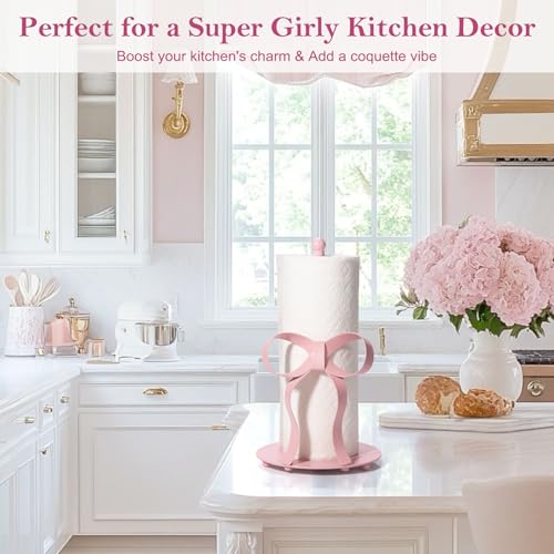 Pink Bow Paper Towel Holder Coutertop - Bow Accent Paper Towel Holder, Pink Kitchen Decor and Accessories, Coquette Room Decor Girly Gifts for Women, 3D Handmade Pattern, Weighted Base