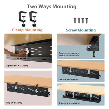 Univivi Under Desk Cable Management Tray, Cable Management, 32 inch, Black | Durable Steel Material, Under Desk Cable Tray with No-Drill C-Clamp and Screw Mount, Wire Management for Office/Home