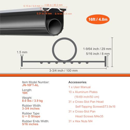 VEVOR Garage Door Seals Bottom Rubber, U Shape +O Ring Combination Garage Door Weather Stripping with Pre-drilled Aluminum Track Retainer Kit, 5/16 inch T-Ends and 3 3/4 inch Width (16 Ft, Black)