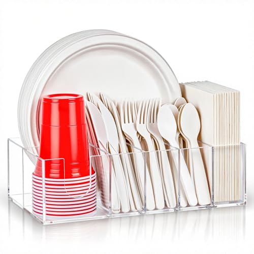 Acrylic Paper Plate Organizer for Countertop, Silverware Caddy for Cups, Napkins, Paper Plate and Utensil Holder, Cutlery Caddy for Party, Camping, Picnic