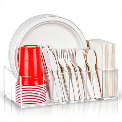 Acrylic Paper Plate Organizer for Countertop, Silverware Caddy for Cups, Napkins, Paper Plate and Utensil Holder, Cutlery Caddy for Party, Camping, Picnic