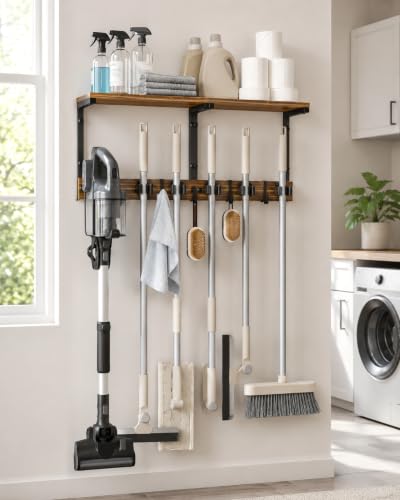 Broom and Mop Holder Wall Mount, 27" Large Organizer with Wood Shelf | Vacuum Holder, 5 Heavy-Duty Grippers, 5 Movable Metal Hooks for Laundry Room, Garage and Utility Closet Organization