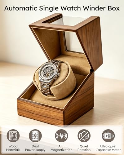 Automatic Watch Winder for Automatic Watches, Single Automatic Wooden Watch Winder Box with Optimized TPD Bi-Directional Rotation, Ultra-Quiet Japanese Motor, Dual Power Display Case, Gift for Men, Watch Collectors & Luxury Watch Owners
