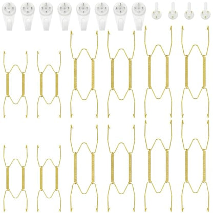 Hotop 12 Pieces Plate Hangers for Wall Stainless Steel Wire Invisible Heavy Duty Plate Hangers Display Holders with 12 Pieces Hooks for Wall Decorative(6/8/10 Inch,Gold)