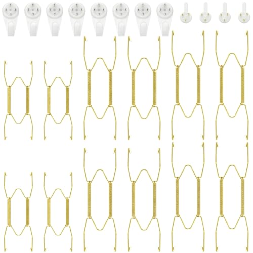 Hotop 12 Pieces Plate Hangers for Wall Stainless Steel Wire Invisible Heavy Duty Plate Hangers Display Holders with 12 Pieces Hooks for Wall Decorative(6/8/10 Inch,Gold)
