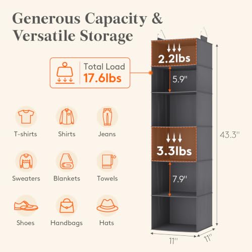 Lifewit 6 Tier Hanging Portable Closet Storage Organizer for Shelves, Beige | Foldable Clothes Shelf with 2 Sturdy Hooks, Sweater/Coat/Shoes Clothing Organization for Wardrobe, Dorm, Bedroom