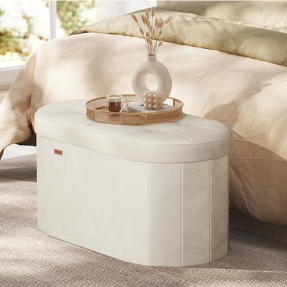 SONGMICS Mazie Collection - Folding Ottoman with Storage, Oval Storage Ottoman Bench, for Living Room, Bedroom, Velvet Fabric, 15 x 30 x 15 Inches, Cream White ULSF267LH01