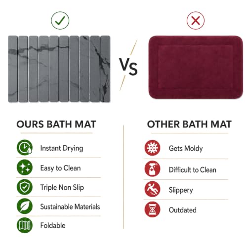 Foldable Stone Bath Mat, Non Slip Large Diatomaceous Shower Mat, Super Absorbent Quick Drying Stone Mat for Bathroom Kitchen Floor Counter Sink,Easy to Clean & Store (Dark Gray 24"×16")