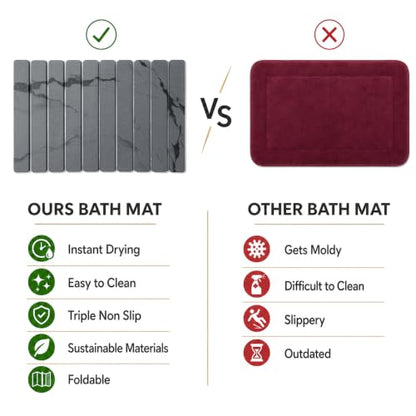 Foldable Stone Bath Mat, Non Slip Large Diatomaceous Shower Mat, Super Absorbent Quick Drying Stone Mat for Bathroom Kitchen Floor Counter Sink,Easy to Clean & Store (Dark Gray 24"×16")