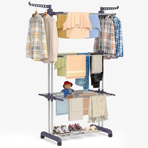 Clothes Drying Rack Folding with Wheels Drying Rac... (Gray | Stainless Steel)