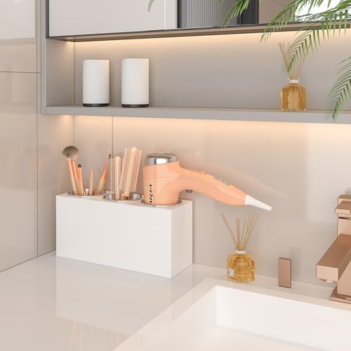 White Acrylic Hair Tool Organizer Wall Mount for Bathroom | Wall mount screw installation, Multi compartment storage, Moisture resistant acrylic material, Easy clean