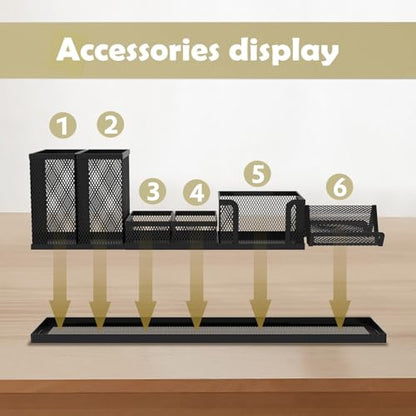 Pen Holder for Desk, 6-Piece Mesh Desk Organizer with Phone Holder, Black | 6-Piece Black Mesh Desk Set Includes Pen Cups, a Sticky Note Caddy and Phone Holder for Office, School, Home