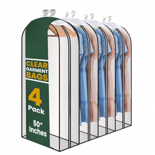 Handy Laundry Clear Garment Bags for Hanging Clothes, 50" Suit Bags with 10" Gusset, Heavy Duty Closet Storage Covers for Coats, Dresses, Shirts, Jackets, Dustproof & Breathable, 4 Pack