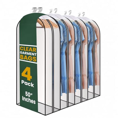 Handy Laundry Clear Garment Bags for Hanging Clothes, 50" Suit Bags with 10" Gusset, Heavy Duty Closet Storage Covers for Coats, Dresses, Shirts, Jackets, Dustproof & Breathable, 4 Pack