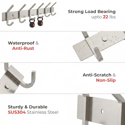 Coat Rack Wall Mount – Brushed Nickel 17 Inch Stainless Steel Hook Rail with 6 Heavy Duty Double Coat Hooks – Wall Mounted Coat Hanger for Entryway, Bathroom, Bedroom, Towel, Hat Organizer