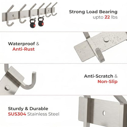 Coat Rack Wall Mount – Brushed Nickel 17 Inch Stainless Steel Hook Rail with 6 Heavy Duty Double Coat Hooks – Wall Mounted Coat Hanger for Entryway, Bathroom, Bedroom, Towel, Hat Organizer