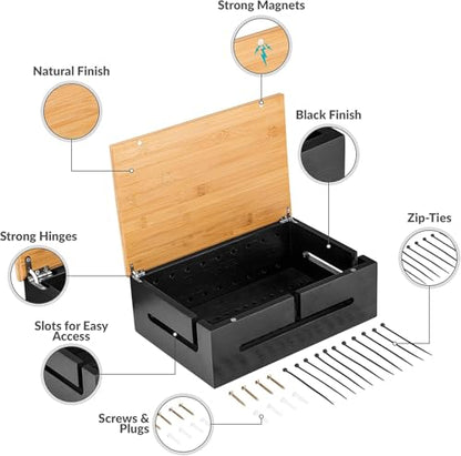 Bamboo Cable Management Box with Magnetic Lid - 12,6x7,8x4.3 in - Durable Cable Organizer to Hide Cords & Power Strip - Wall Mountable - Including Hardware - for Home, Office, Desk & More (White)