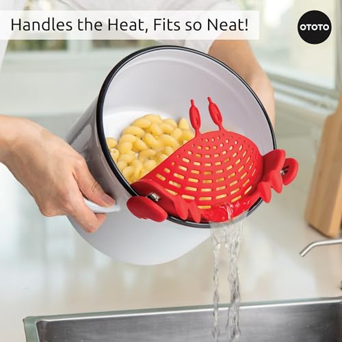 OTOTO Crab Clip-On Strainer - Silicone Pasta Strainer with Stainless Steel Tongs - Unique Kitchen Gadgets, Cooking Gifts for Women, Kitchen Essentials, Funny Gifts, Kitchen Accessories - (Crabby)