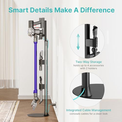 Vacuum Cleaner Stand, Compatible with Dyson G5 V15 V12 V11, Black | with 2 Removable Accessory Clips, for V10 V8 V7 V6, Vacuum Attachment Organizer with Built-in Cable Slot