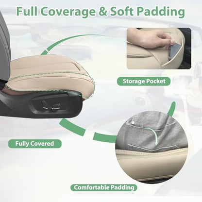 2 Pack Leather Front Car Seat Cover Bottom Only, Anti-slip Padded Seat Cushion, Full Wrap Seat Protector with Storage Function Universal Fit for Most Cars, SUV, Pick-up Trucks (Light Beige)