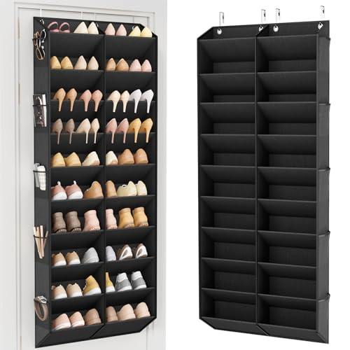 LANTEFUL Over the Door Shoe Organizer, Hanging Shoe Rack for Closet Door Shoe Storage for 30 Pairs Sneaker and Boots, Large Shoe Holder for Door with 10 Side Pockets, Space Saving, Black