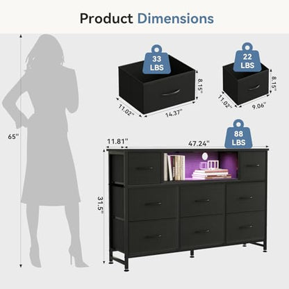 DUMOS LED TV Stand Dresser with Charging Station, Entertainment Center | Media Console for 45-55 inch TV, 8 Fabric Drawers, Open Shelf, Wooden Top, Living Room, Bedroom, Hallway, Black