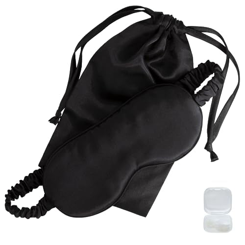 Mulberry Soft Silk Eye Mask for Sleeping with Ear Plugs & Luxury Bag - Cooling Night Eye Covers Sleep Face Mask for Women - Blindfold Travel Eye Mask Blocking Out Light - Black