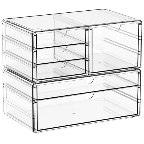 2 Pack Acrylic Drawer Organizer With 6 Drawers,Stackable 11.1” Large Clear Storage Drawers and Makeup Organizer For Vanity,Bathroom Countertop,Cabinet,Pantry,Office Supply Storage Bins Drawers