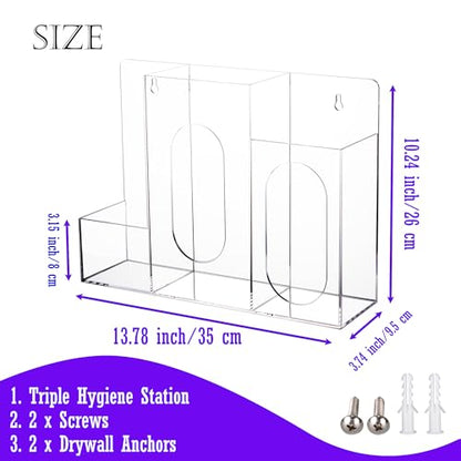 Acrylic Hygiene Dispenser Station with 3 Compartments - Triple Sanitation Station Holder Dispenser for Face Masks, Gloves Box, Hand Sanitizer, Hairnets, Tissues- Wall Mount or Tabletop