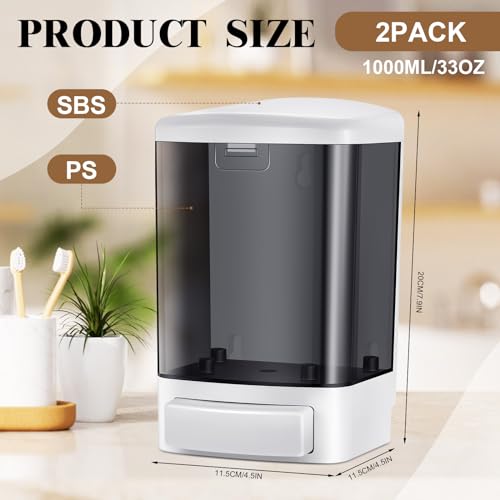 Hushee 2 Pcs Commercial Soap Dispenser Hand Wall Mounted Bathroom 33.8oz/1000ml Manual Soap Dispenser Liquid Containers with Pump Black Shower Plastic Wash Wall Container Shampoo Gel for Kitchen Hotel
