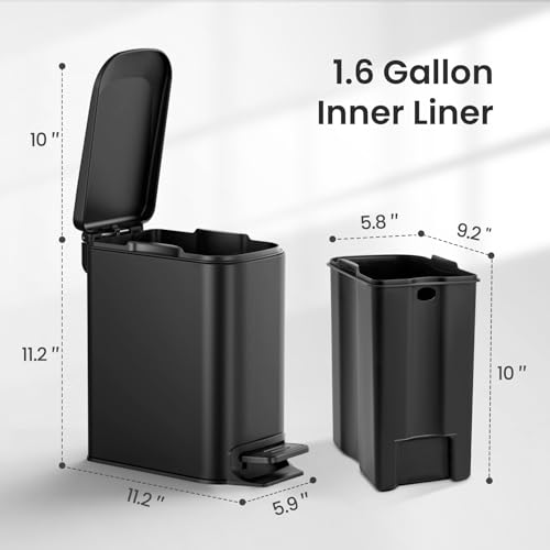 Cesun Small Bathroom Trash Can with Lid, 1.6 Gal, Soft Close, Matte Black | Step pedal soft close, Slim 5.9in fits narrow spaces, Stainless steel, Anti-fingerprint, Removable inner bucket, Odor seal