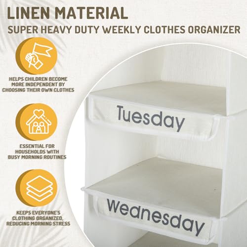 2 Pcs Heavy Duty 6 Shelf Weekly Hanging Closet Organizer for Kids Days of Week Clothing Organization Labeled Monday to Friday Clothes Divider for Weekday Weekend School Outfits