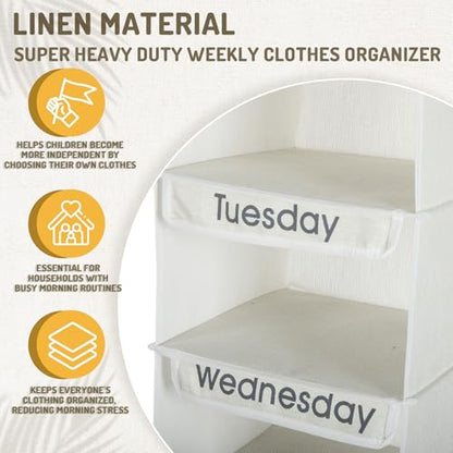 2 Pcs Heavy Duty 6 Shelf Weekly Hanging Closet Organizer for Kids Days of Week Clothing Organization Labeled Monday to Friday Clothes Divider for Weekday Weekend School Outfits