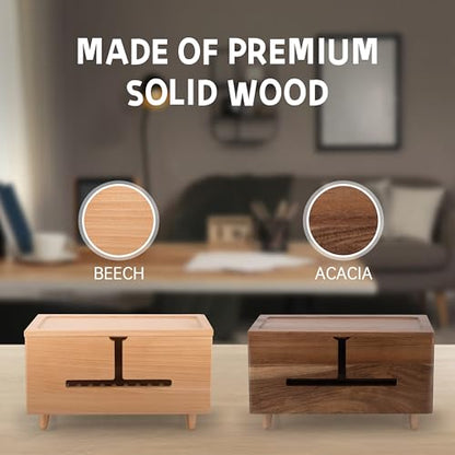 Brown Wood Large Cable Management Box for Power Strip and Cord Hideaway | Large solid wood cable box fits 13" power strips, detachable legs, air vents, child-safe lid, tool-free, hides 6-8 cords.