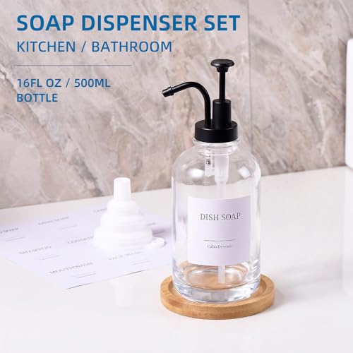 Glass Soap Dispenser with Upgrade Pump, Hand and Dish Soap Dispenser for Bathroom Kitchen, Soap Dispenser Set with 9 Stickers Funnel Bamboo Tray 500ml 18oz Clear