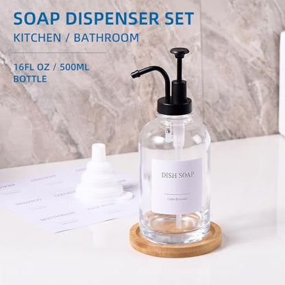 Glass Soap Dispenser with Upgrade Pump, Hand and Dish Soap Dispenser for Bathroom Kitchen, Soap Dispenser Set with 9 Stickers Funnel Bamboo Tray 500ml 18oz Clear