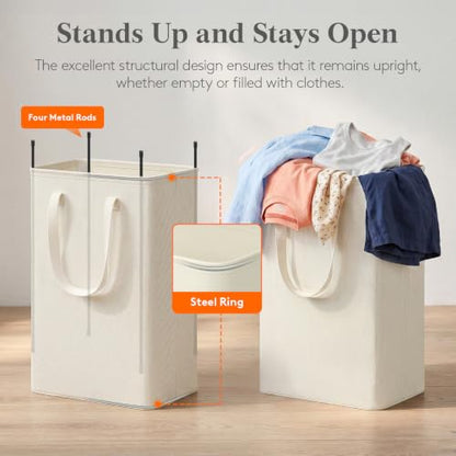 Lifewit Slim Laundry Hamper, Narrow Small Laundry Basket with Handle for Dirty Clothes, Collapsible Tall Thin Laundry Bin for Bathroom Bedroom Dorm College, 50L, White