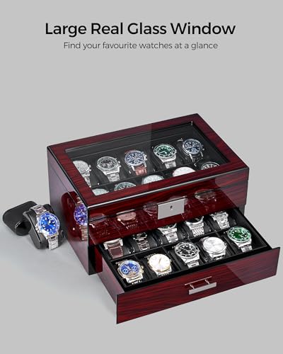 ANWBROAD Watch Box 20-Slot Wooden Watch Case Organizer with Large Glass Lid | 2-Layer Watch Display Case for Men with Removable Watch Pillows, Lockable Watch Storage Box with Piano Paint UJWB002Y