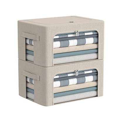 CYhom Clothes Storage Bins Box - Linen Fabric Foldable Stackable Container Organizer Set with Clear Window & Carry Handles & Metal Frame - 2Pack Large Capacity for Bedding, Blankets, Books